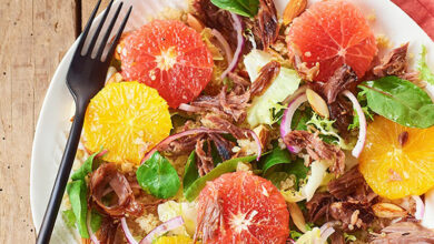 Salade confit de canard cœurs d’orange pamplemousse