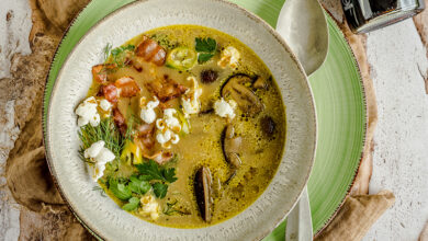 Soupe champignons bacon croustillant pop-corn