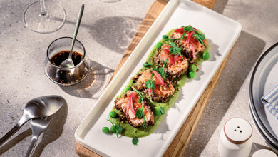 Tataki saumon de Norvège petits pois de printemps