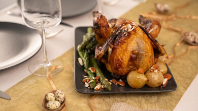 Pintade miel moutarde pointes d’asperges