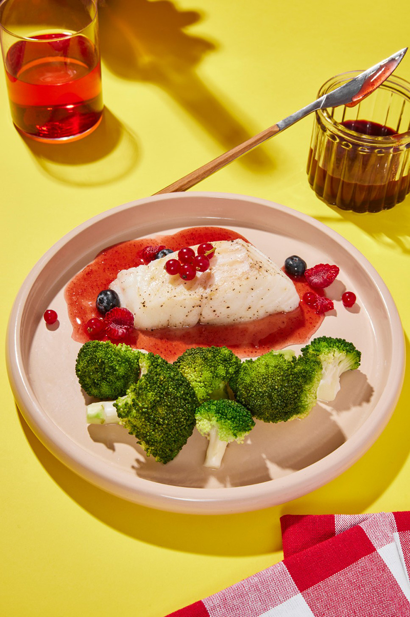 Cabillaud, sauce sirop de grenadine