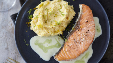 Pavé de Saumon Écossais Label Rouge rôti, crémeux céleri, carottes agrumes sauce wasabi