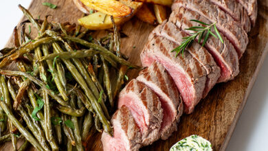 Steak grillé haricots-frites au four