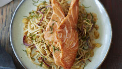 Saumon Écossais Label Rouge grillé spaghettis sautés coriandre citron