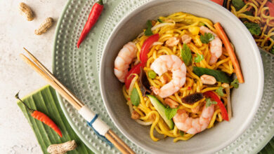 Salade de nouilles crevettes curry jaune