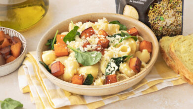 Pâtes crème Spécial Pâtes Entremont, cubes courges pousses d’épinards