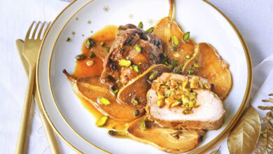 Filet mignon de veau farci Beaufort pistaches poires