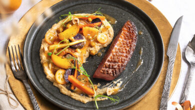 Magret de canard agrumes, houmous tiède légumes rôtis
