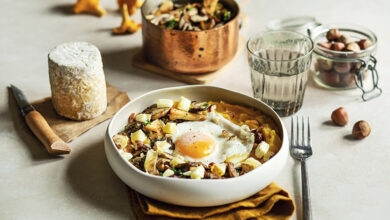 Purée de courge, champignons persillade œuf au plat