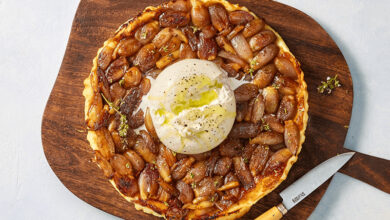 Tarte tatin échalotes burrata