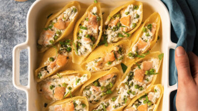 Conchiglionis farcis truite, ricotta, petits pois citron