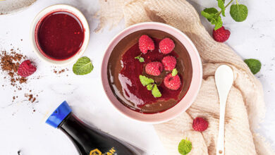 Riz au lait chocolat coulis de framboise