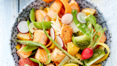 Bowl saumon Écossais Label Rouge grillé légumes du jardin agrumes