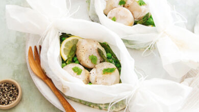 Papillote noix de Saint-Jacques asperges petits pois