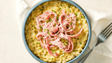 Risotto de coquillettes, jambon Comté