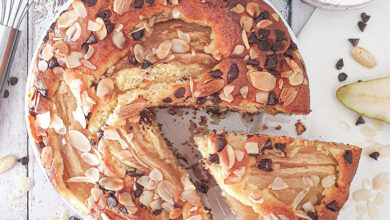 Gâteau poires pépites de chocolat lait de brebis