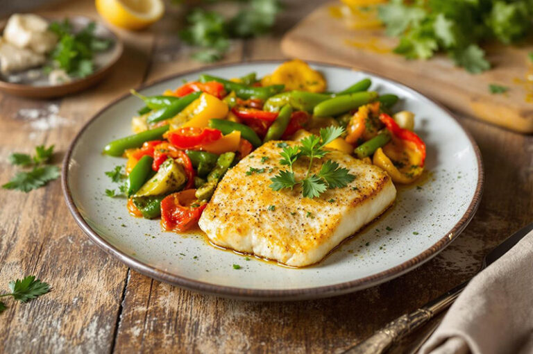 Filet d’églefin au curcuma, poêlée de légumes du soleil | A Vos Assiettes