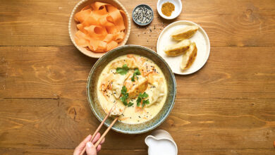 Soupe coco gyozas crevettes