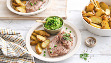 Gigot de chevreau, houmous petits pois