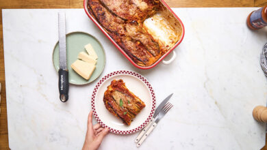 Lasagnes aubergines parmesan, sauce amatriciana