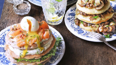 Pancakes saumon crème d’aneth champignons-châtaignes Comté
