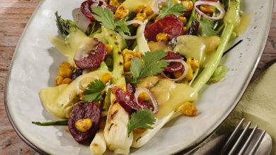 Poireaux grillés, salsa de maïs, Morbier AOP chorizo