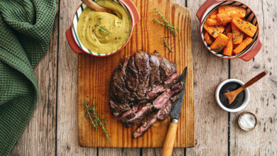 Araignée de bœuf laquée, purée de pois cassés carottes rôties