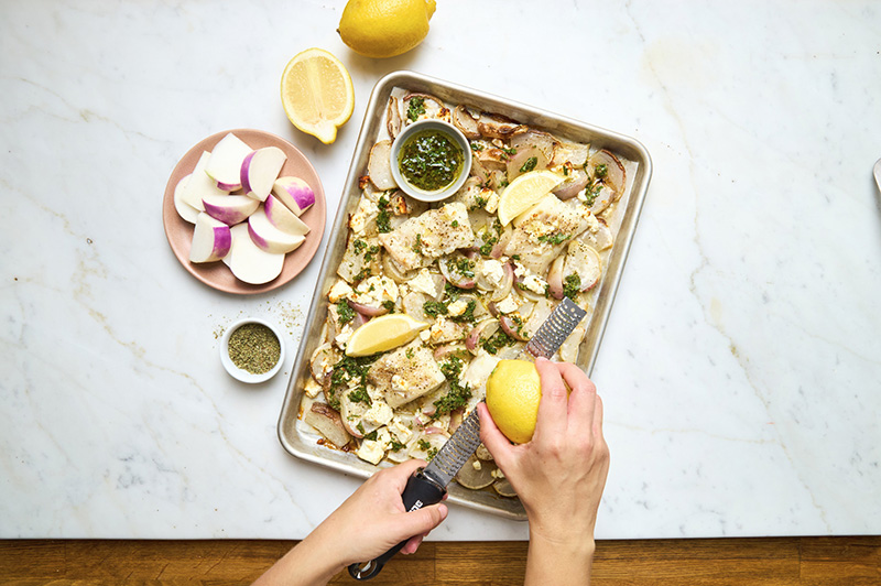 Cabillaud navets rôtis sauce chimichurri