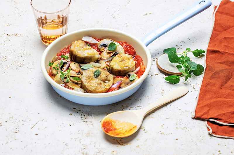 Grondin poêlé champignons sauce tomate