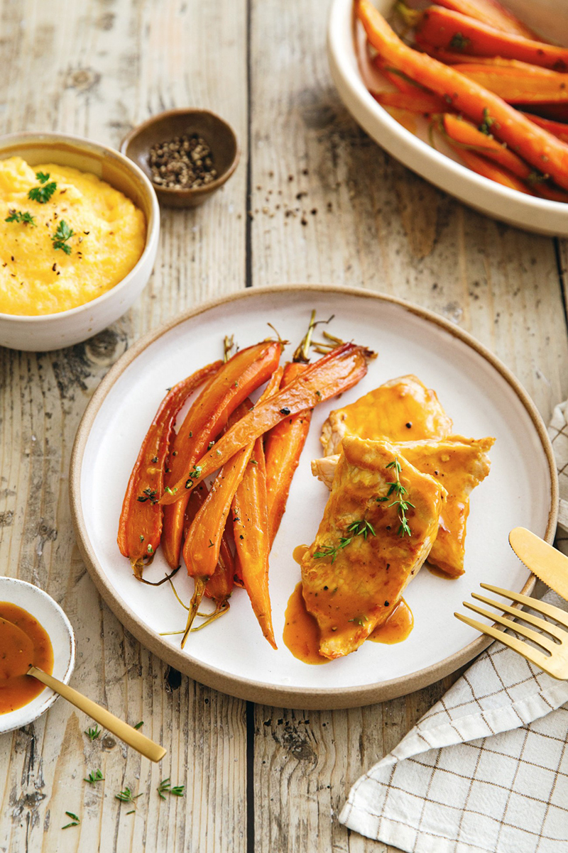 Noix de veau à l’orange, polenta carottes confites