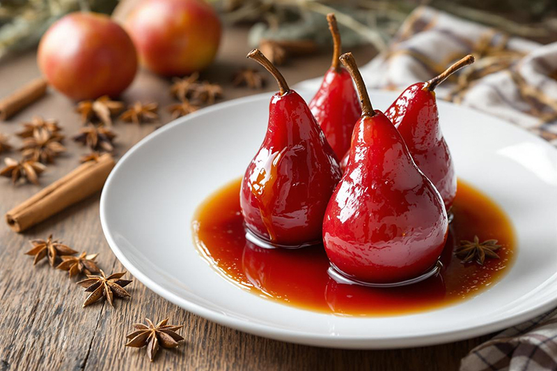Poires pochées vin rouge aux épices 