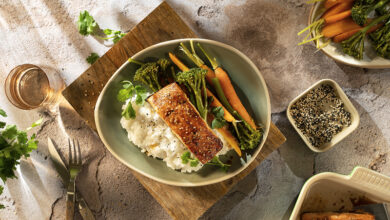 Saumon au four, sauce soja sucrée-sésame