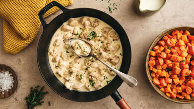 Émincés de lapin crème, poêlée de butternut carottes