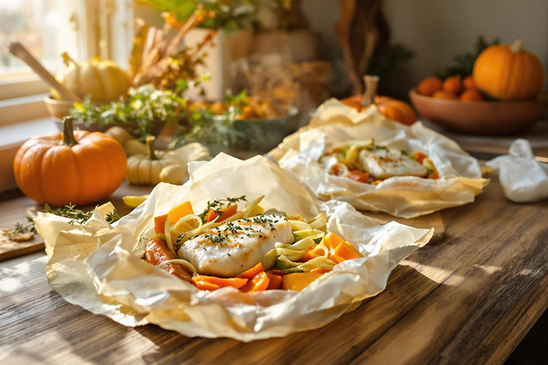 Papillotes de cabillaud légumes d’automne miel de thym