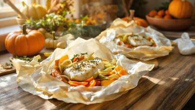 Papillotes de cabillaud légumes d’automne miel de thym