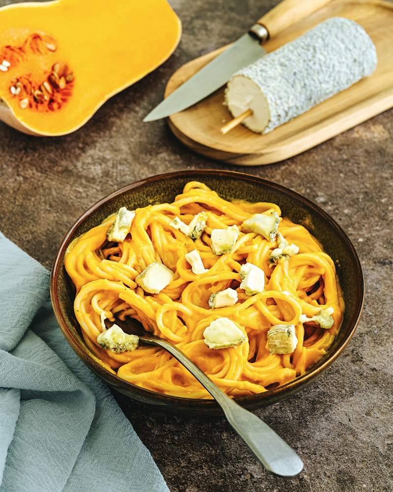 Pâtes crémeuses butternut, chèvre frais Sainte-Maure de Touraine AOP