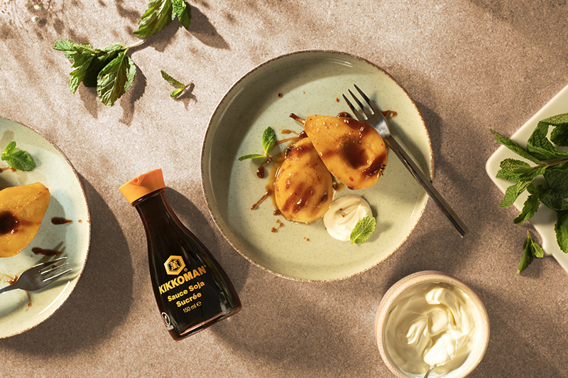 Poires pochées soja gingembre