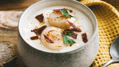 Velouté chou-fleur, noix de Saint-Jacques chorizo