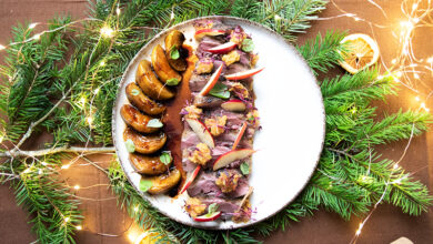 Magret de canard farci, sauce pommeau pomme