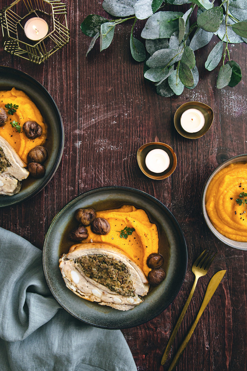 Poitrine de veau farcie marrons, purée de potimarron
