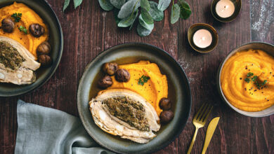 Poitrine de veau farcie marrons, purée de potimarron