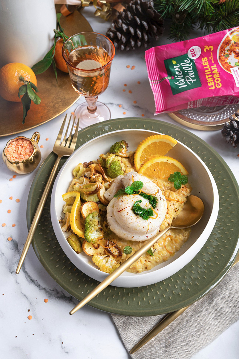 Tournedos poisson blanc, lentilles corail crémeuses safran agrumes