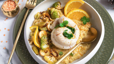 Tournedos poisson blanc, lentilles corail crémeuses safran agrumes