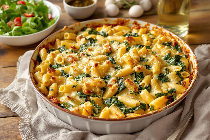 Gratin rigatoni ricotta-épinards fromage doré