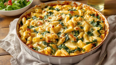 Gratin rigatoni ricotta-épinards fromage doré