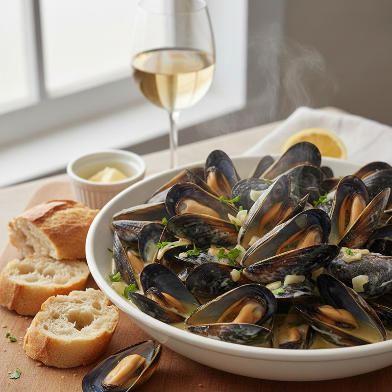 Moules marinières crémeuses vin blanc persil frais