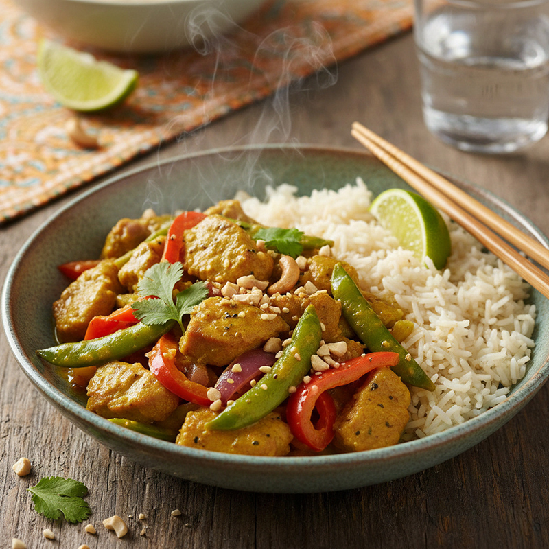 Sauté de porc fondant curry doux, légumes croquants riz parfumé