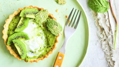 Tartelette kiwi, citron vert, topping feuille de menthe cristallisée