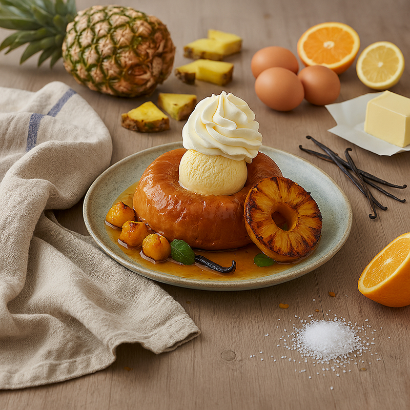 Baba exotique rhum, ananas rôti glace vanille