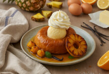 Baba exotique rhum, ananas rôti glace vanille